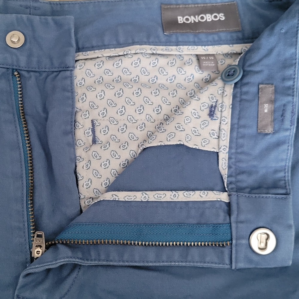Bonobos 35x30 Slim Stretch Chinos Pants Mens Blue Cotton Blend Trousers - Picture 5 of 9